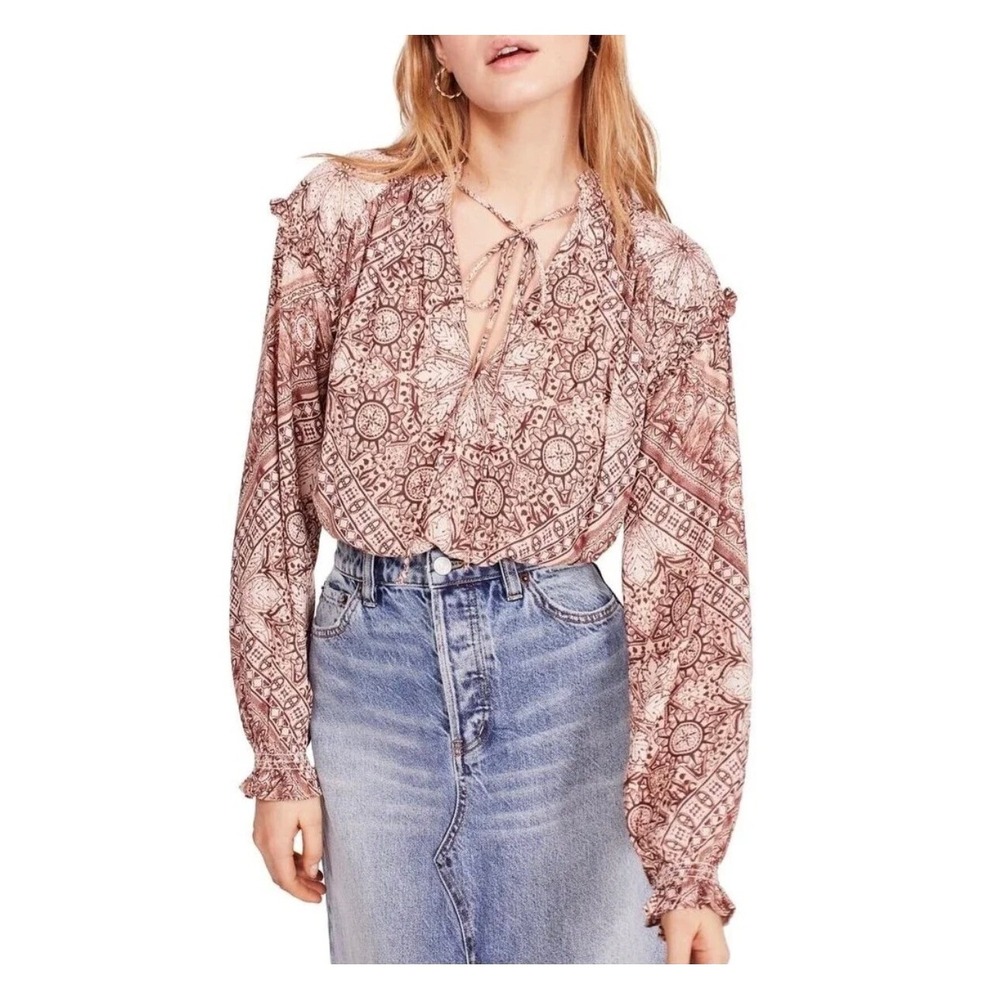Free People Little Runaway Peasant Blouse Brown Floral Sand XS Boho Medallion